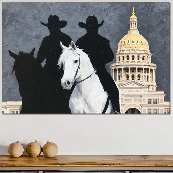 Tablou Canvas Premium, LuxCanva® M1541, Patrula Nevazuta, 70 X 100 CM, Panza Bumbac 100% 400g/m2, Sasiu Lemn, Calareti, Umbre, Urban, Cal Alb, Cowboy, Silueta, Mister, Cladire, Dormitor, Birou, Living, Camera Copil