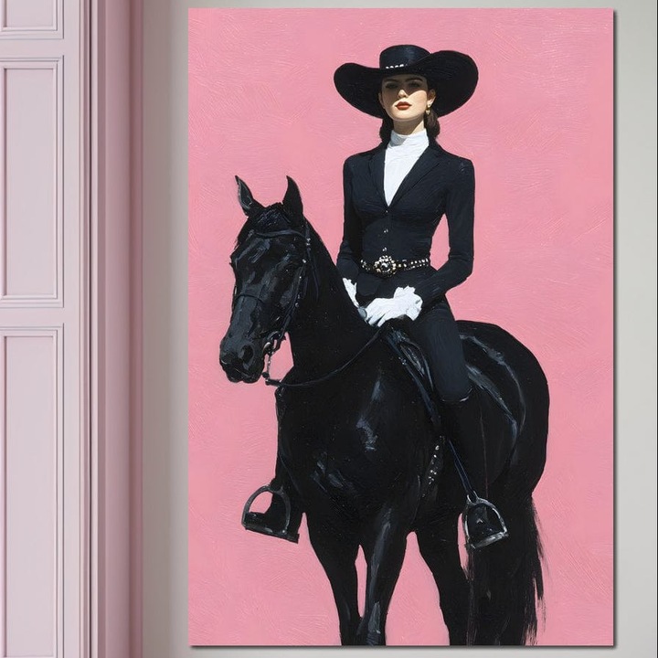 Tablou Canvas Premium, LuxCanva® M1543, Doamna din Vest, 70 X 100 CM, Panza Bumbac 100% 400g/m2, Sasiu Lemn, Western, Cal Negru, Femeie, Roz, Palarie, Vintage, Calaret, Dormitor, Birou, Living, Camera Copil