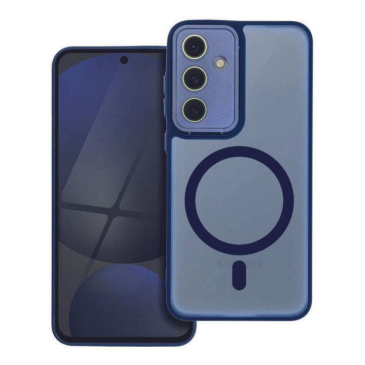 Калъф за телефон, съвместим със Samsung Galaxy A17 5G - Variete MagSafe съвместим прозрачен пластмасов заден калъф, със син силиконов кант