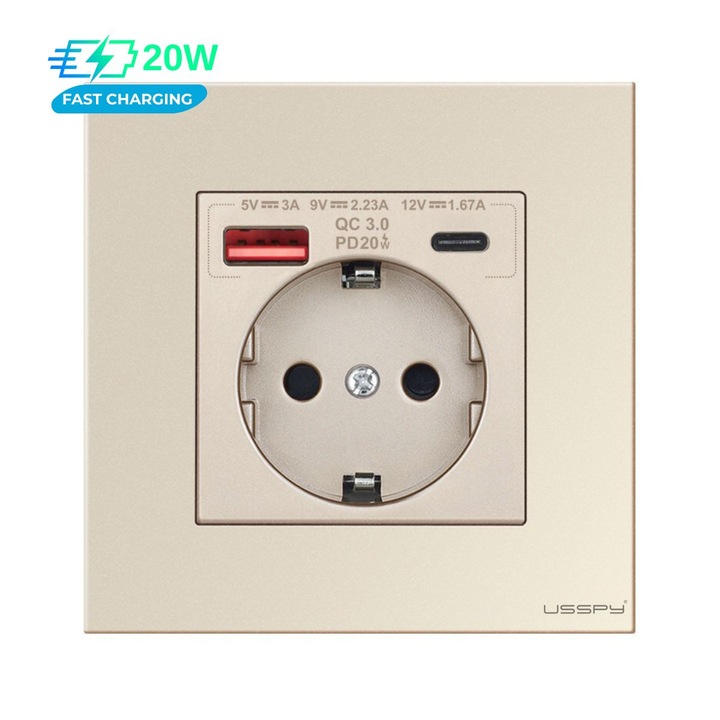 Priza cu rama din sticla securizata cu 2 USB A+C, 20W, USSPY®, protectie copii, schuko 16A, auriu