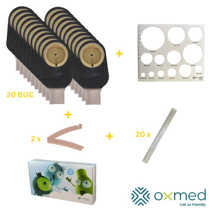 Set 20 pungi colostomie/ileostomie Oxmed ZENSIV 15-80mm, negre, opace, cu evacuare si filtru + sablon + 2 cleme din plastic + 20 cleme metalice