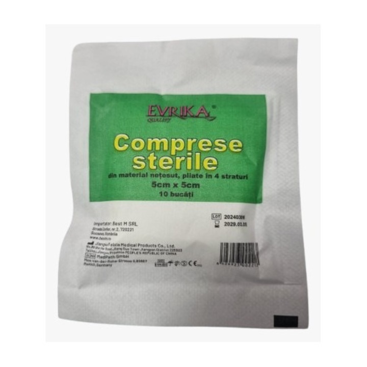 Set 10 bucati Comprese sterile netesut, Evrika Quality, pliate, 5cm/5cm, 4 straturi, 10buc/plic