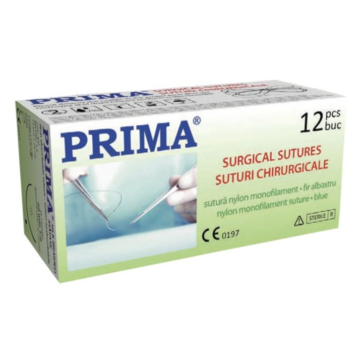 Sutură chirurgicală, Prima, nylon, 75cm, ac rotund 20mm, set 12 bucăți