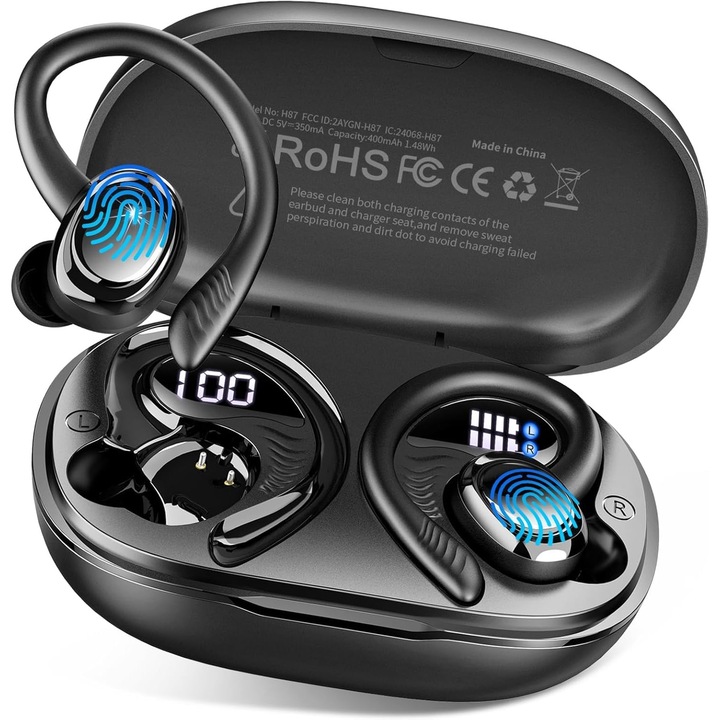Hupoaf Bluetooth 5.4 sport fülhallgató, vízálló, zajszűrős, fekete