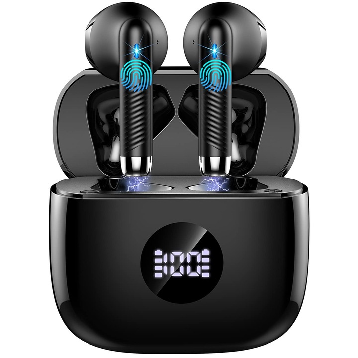 Casti Wireless Jxrev Intraauriculare, 40 ore redare, impermeabile IP7, negre