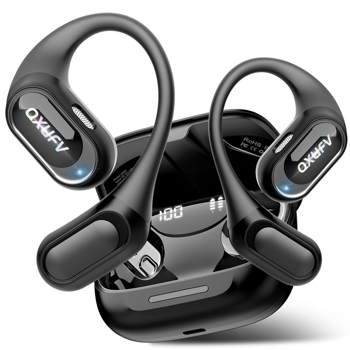 Vezeték nélküli QXUFV fülhallgató, Bluetooth 5.4, HiFi, IPX7, fekete