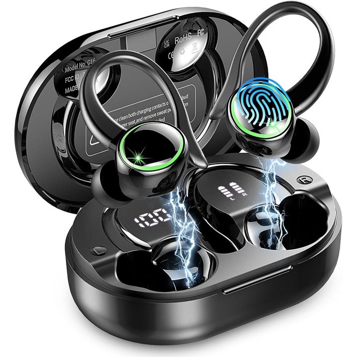 Bluetooth sport fülhallgató, Matast, vezeték nélküli, IP7 vízálló, 50 óra üzemidő, fekete