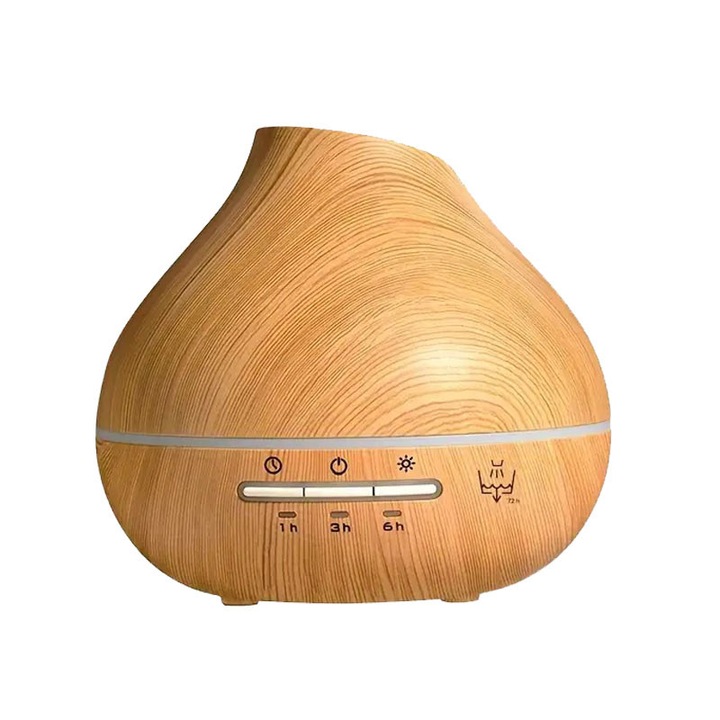 Umidificator aromaterapie 400ml, design lemn, functie de temporizare, pentru birou, camera yoga, dormitor, camera copii, tehnologie ultrasonica, culoare lemn deschis