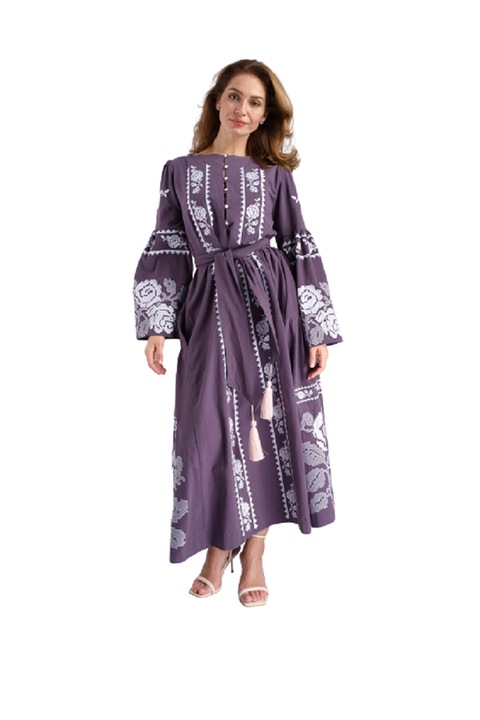 Rochie Grace Mauve, cu maneci ample, broderie, Alb/Mov, S