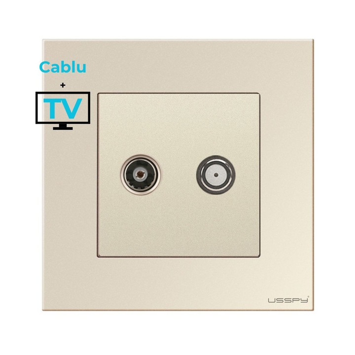 Priza cablu + TV cu rama din sticla securizata, USSPY®, auriu