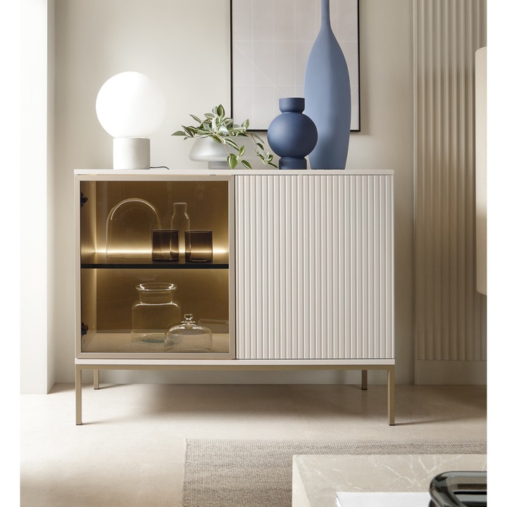 Bibliotecă Dulap TV Komodee Laval K104, 3 uși, iluminare LED, Negru/Stejar Wotan, 83x104x39cm