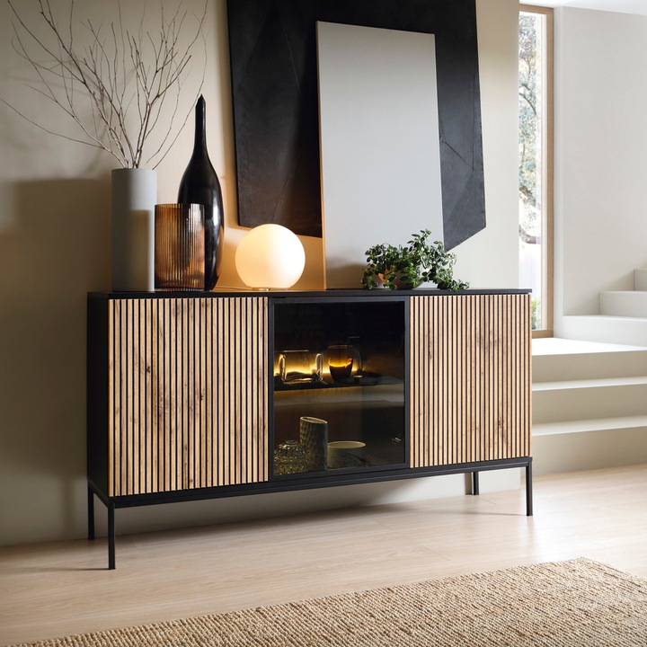 Comodă Komodee Laval K154, 3 compartimente, Stejar Wotan, Negru, 83x154x39cm