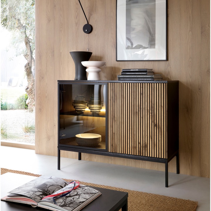 Comodă Laval K104, 3 uși, iluminare LED, stejar Wotan/negru, 104x83x39cm