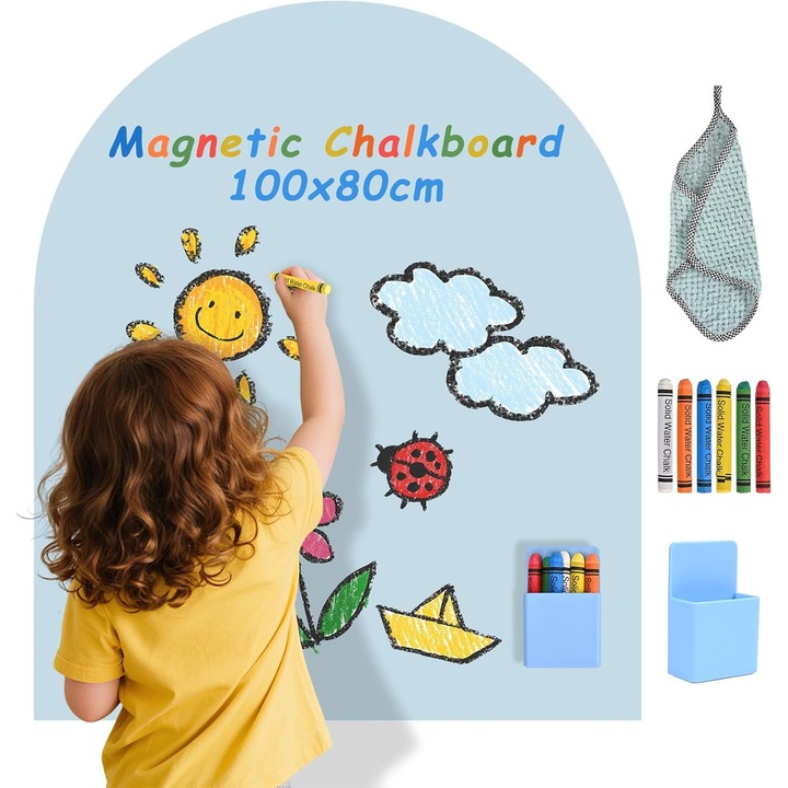 Магнитна самозалепваща дъска Bedee 3 в 1, синя, 100x80см, комплект с 6 тебешира и магнитна поставка