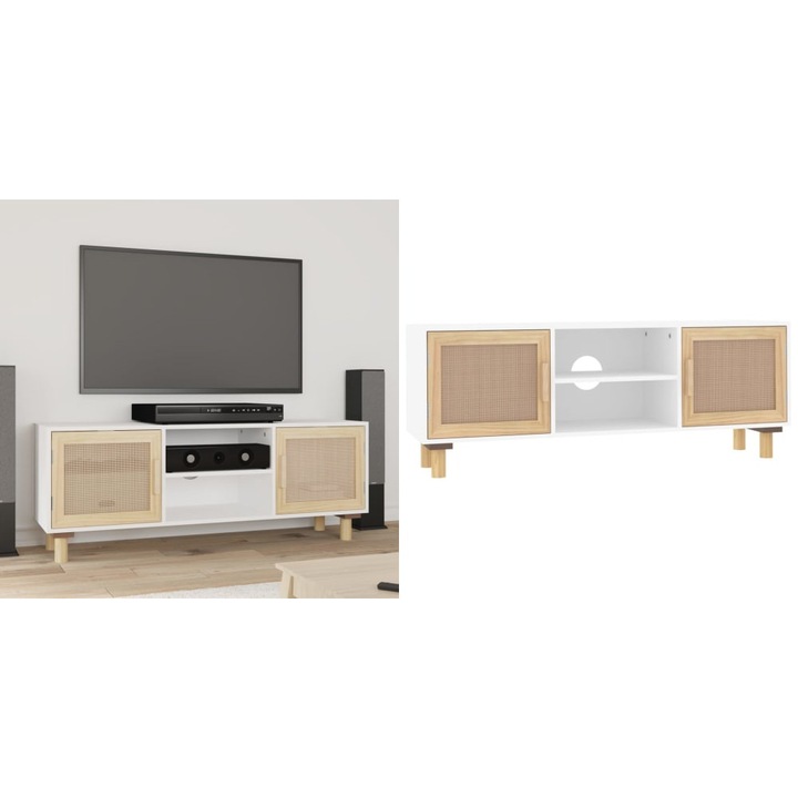 Comoda TV, alb, 105x30x40 cm lemn masiv pin si ratan natural
