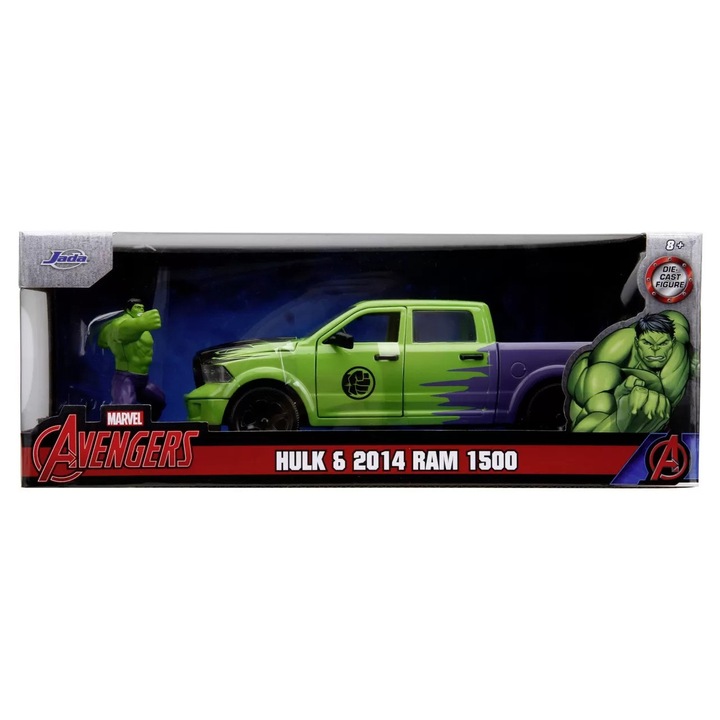 Set figurine Jada Hulk și mașinuță metalică RAM 1500 2014, 1:24, detalii precise