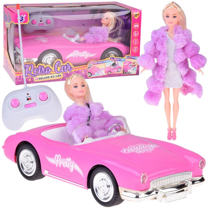 Mașină retro Cadillac cu telecomandă + păpușă elegantă