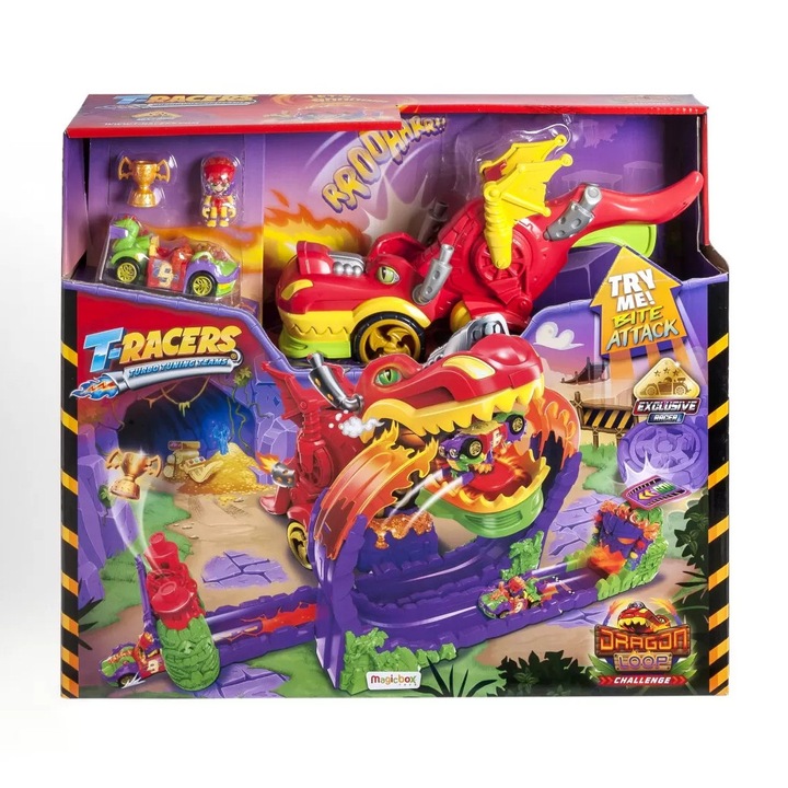 Set de joacă T-Racers Cursa Dragonului, Mattel, dragon, buclă, 4 ani