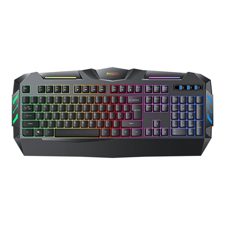 Gaming billentyűzet Yesido – Vezetékes, teljes kiosztású, 104 gombos, dinamikus RGB világítás, ergonomikus kialakítás, mechanikus szimulációs mechanizmus, 1,5 m kábel, fekete