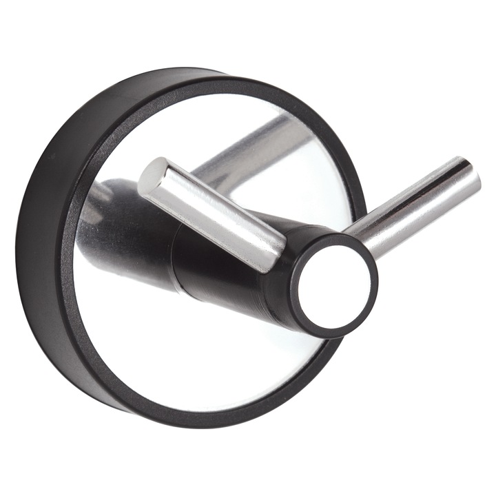 Cuier de baie, dublu, cu finisaj crom lucios, combinat cu inel negru de plastic, cu sistem dublu de prindere pe perete, cu banda dublu adeziva si / sau suruburi. Dimensiuni : 60 x 52 mm