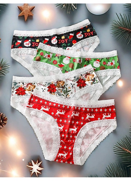 Chiloti din dantela pentru femei, imprimeu de Craciun, confortabili, senzuali, multicolori, pachet de 4, Multicolor