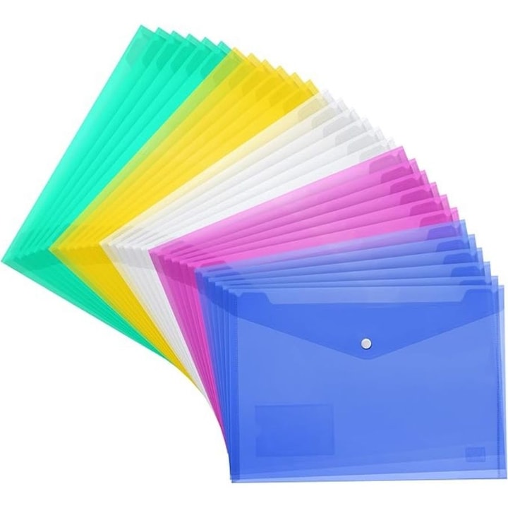 Set mapa documente plic H&S, 30 buc, format A4, din plastic, 33.5 x 23.5 cm, inchidere cu capsa, reutilizabile, Multicolor