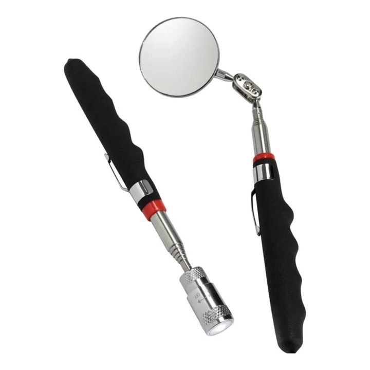 Set oglindă telescopică cu LED și tijă magnetică, Dali, oțel inoxidabil și PVC, negru, 240-790 mm