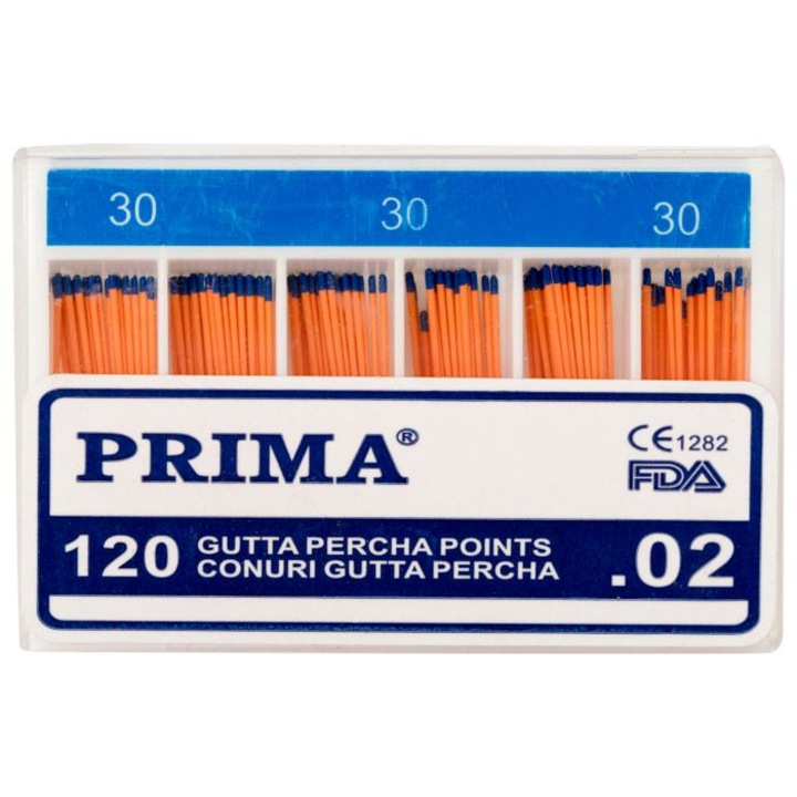 Конуси Gutta Percha Prima .02 №30, комплект 120 броя, цветни, опаковани в кутия с отделения