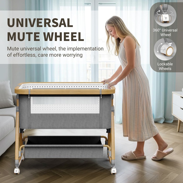 Сгъваемо легло за бебета 3 в 1 Morovan, с функция люлка, място за съхранение и защитна мрежа, матрак, многофункционално, 6 регулируеми височини, наклон 5°, лесно за транспортиране, система за заключване, за деца между 0-12 месеца, сиво