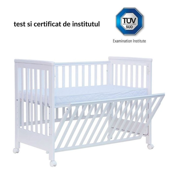 Patut co-sleeping 120x60 cu laterala culisanta total si roti Treppy Dreamy Plus, integral din lemn masiv fag, reglabil pe 5 nivele, include sistem de ancorare, culoare alb + saltea cocos lux 9 cm