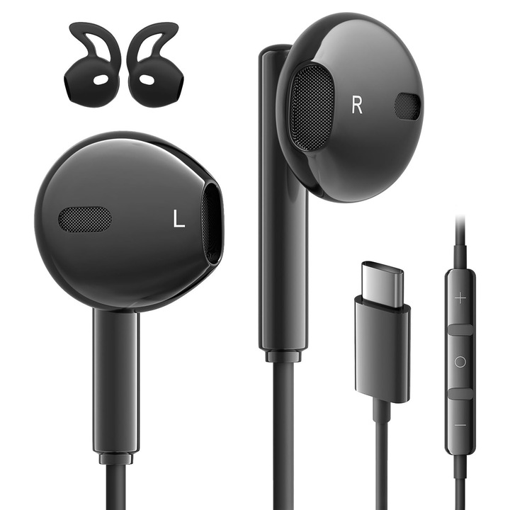 Casti wired AILZPXX USB-C cu microfon, hi-fi stereo, negru