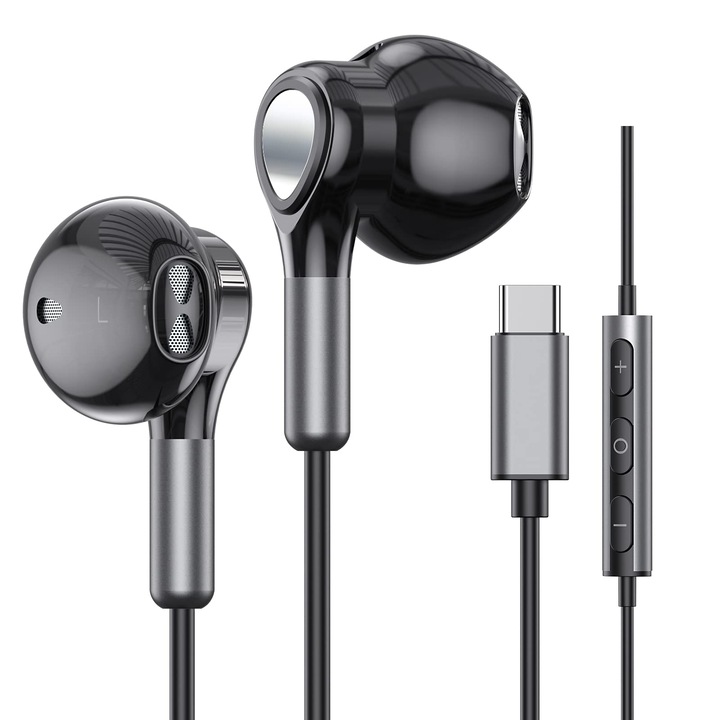 Casti intraauriculare cu cablu, BENEWY, USB-C, cu microfon, alb