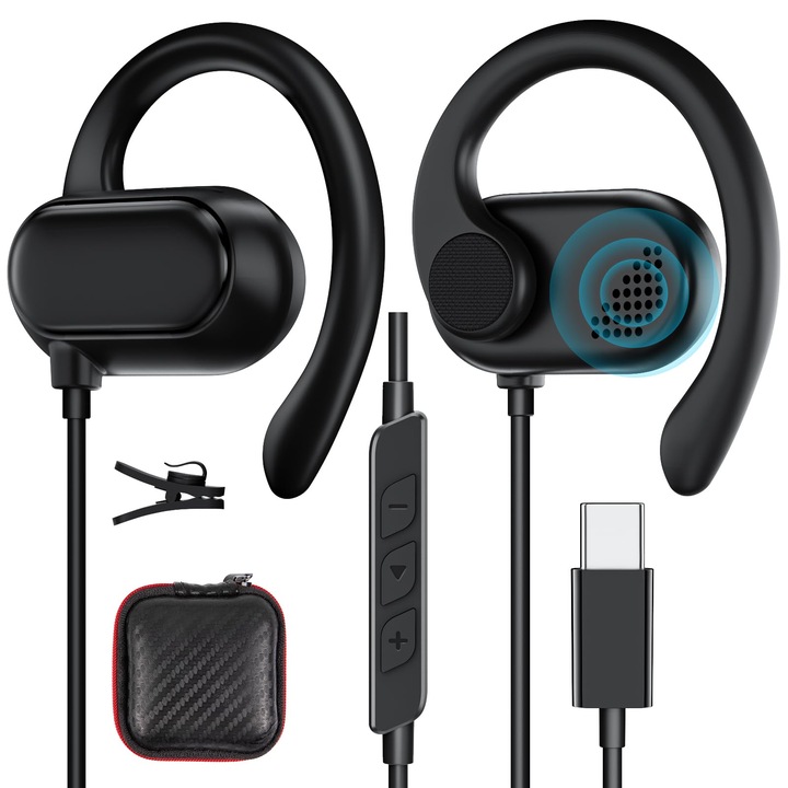 Casti cu fir Topaux Over-Ear, USB-C, culoare negru, pentru Samsung și iPhone