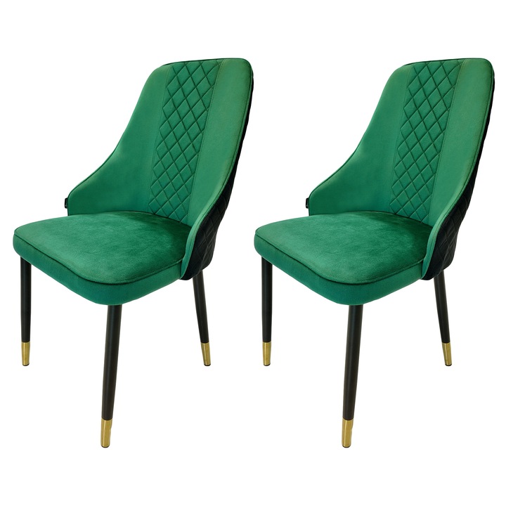 Set 2 scaune DENVER Modena verde cu negru, picioare metalice negre cu terminatii aurii, tapitat cu catifea, 47x59x90 cm