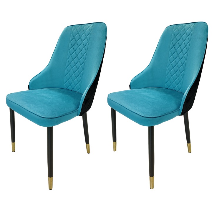 Set 2 scaune DENVER Modena turcoaz cu negru, picioare metalice negre cu terminatii aurii, tapitat cu catifea, 47x59x90 cm
