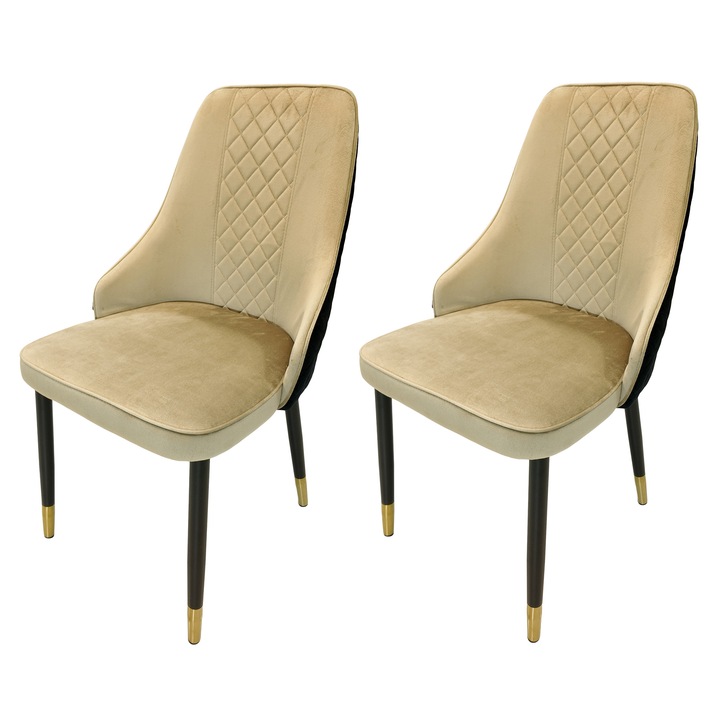 Set 2 scaune DENVER Modena bej cu negru, picioare metalice negre cu terminatii aurii, 47x59x90cm