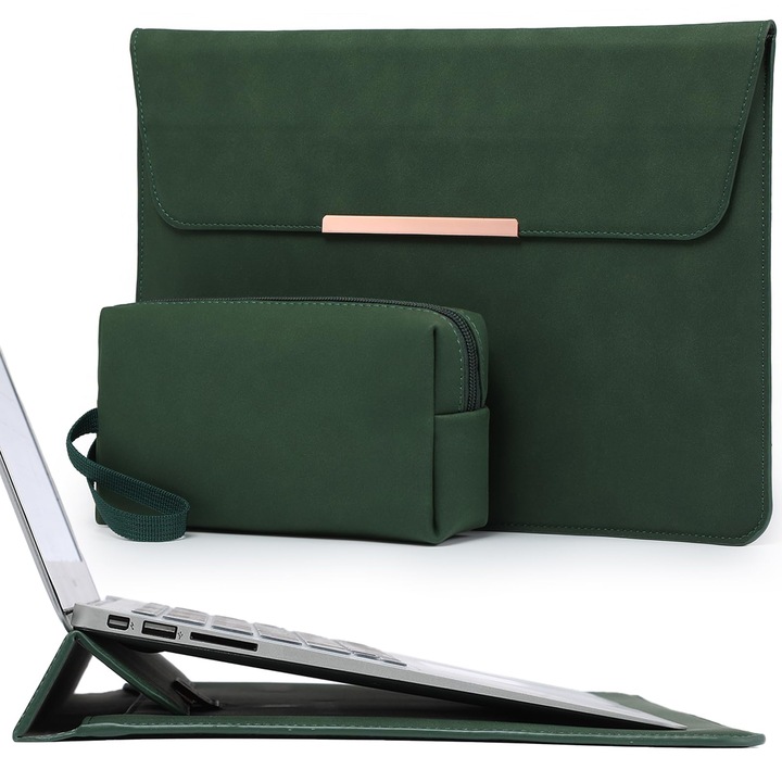 Husă laptop HYZUO 13 inch, verde închis, cu funcție de suport, cu buzunar pentru accesorii