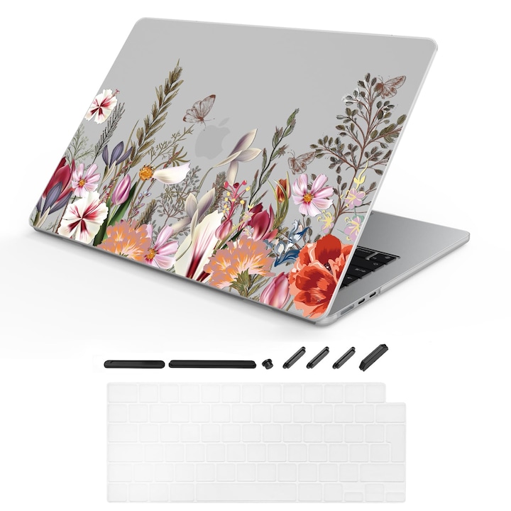 Husă rigidă TeDaWen pentru Macbook Air 15, 3 inch, set cu tastatură, flori și plante