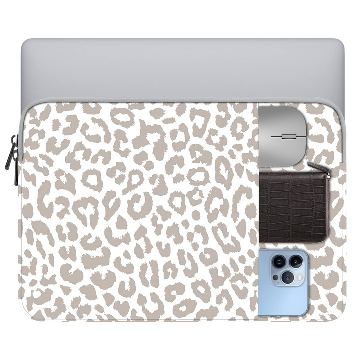 Husă laptop GABraden, 13-14 inch, gri leopard, cu buzunar, rezistentă la apă