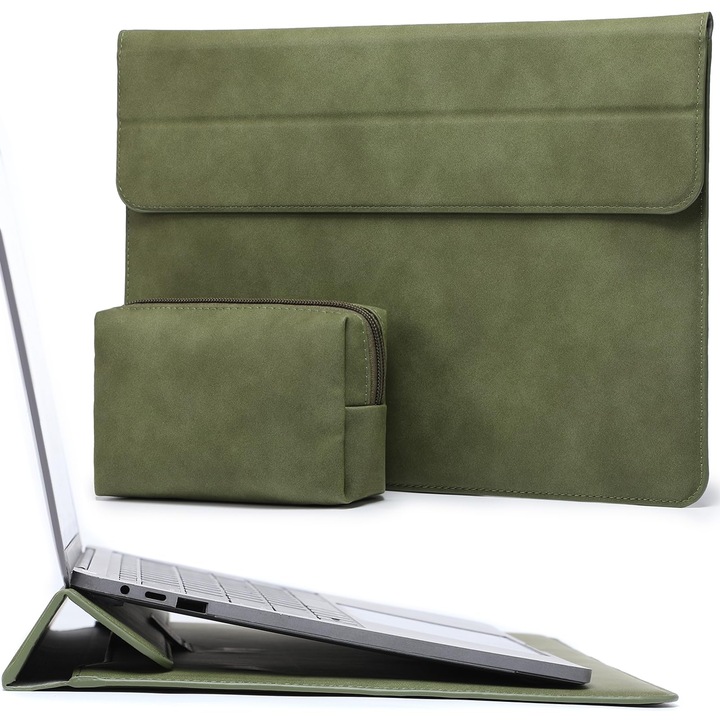 Husă laptop HYZUO 13", verde măsliniu, cu buzunar mic, funcție de suport