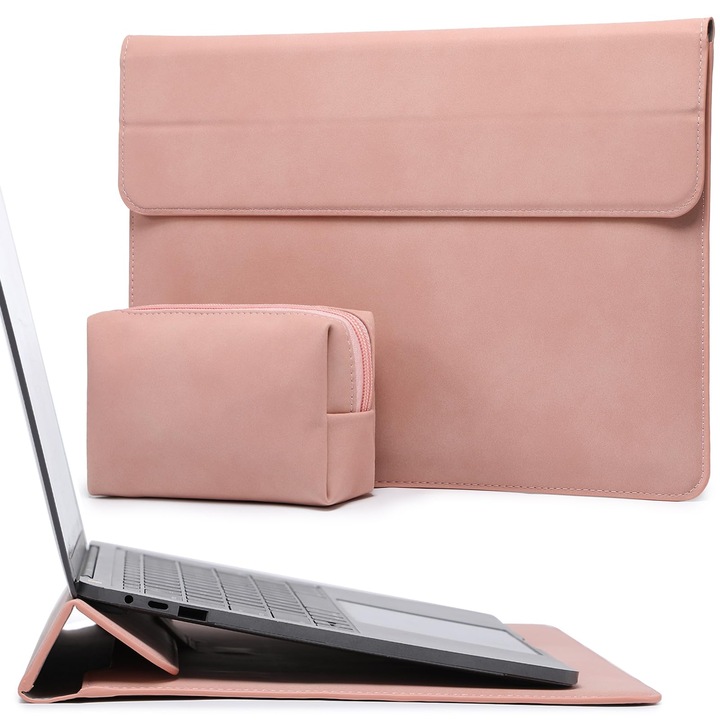 Husă laptop Hyzuo 13 inch, roz, cu funcție de suport, buzunar mic