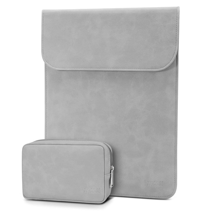 Geantă din piele pentru laptop TECOOL, 13, 3 inch, gri deschis, husa de protecție