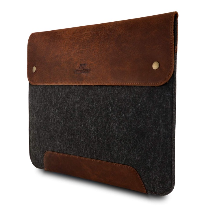 Husă laptop MegaGear din piele naturală și fleece, pentru MacBook, 14x13, 3 inch, culoare neagră