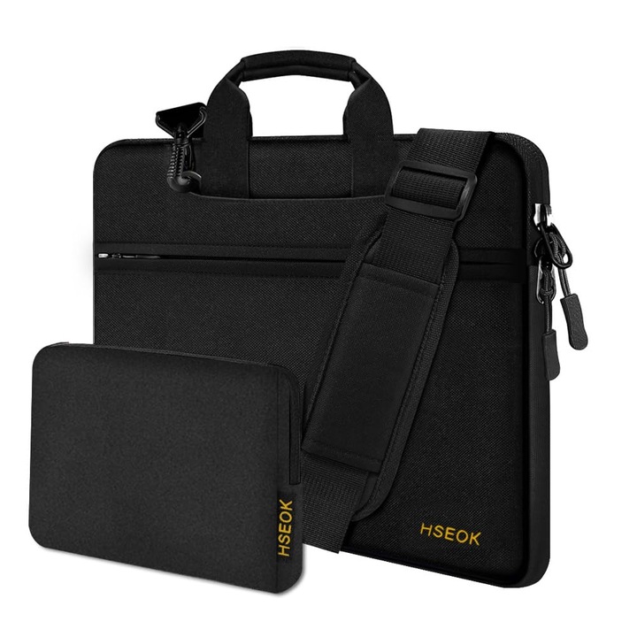 Geantă pentru laptop, Hseok, 13-14 inch, cu husă mică, neagră