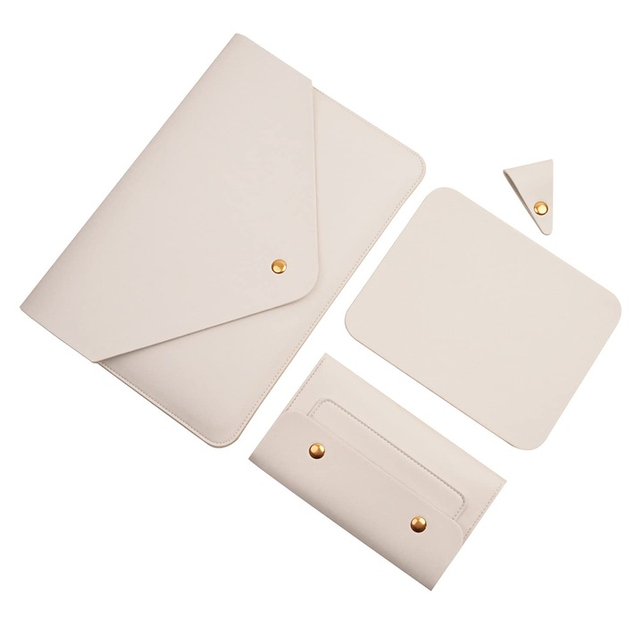 Husă pentru laptop Benfan, alb, 13 inch, cu buzunar mic și mouse pad