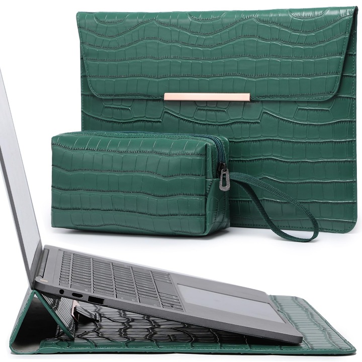Husă Laptop Hyzuo 13 inch, suport încorporat, model crocodil, verde