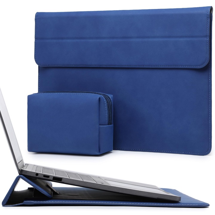 Husă laptop HYZUO 13 inch, cu funcție de suport, culoare albastru, buzunar mic