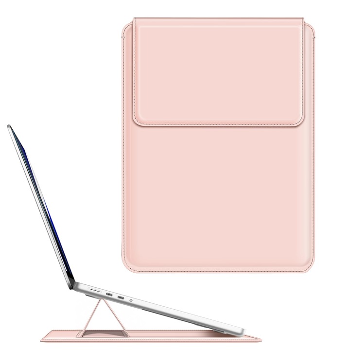 Geantă laptop Fintie 13-14 inch, cu suport, slim sleeve, roz