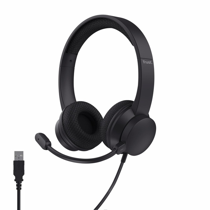 Casti USB-C Trust Roha II, microfon cu anulare a zgomotului, design ușor, 1.80m, negre