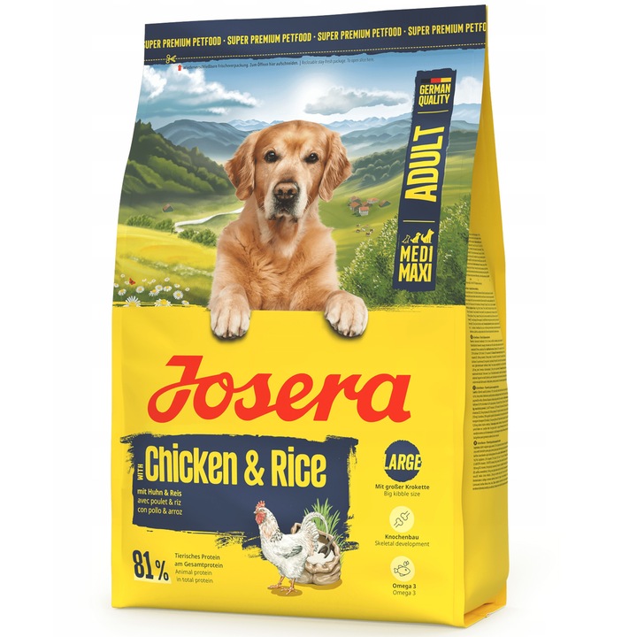 Hrana pentru caini, Josera, pui si orez, 3 kg, fara gluten, granule mari